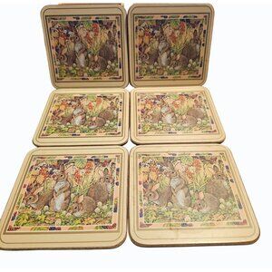 Set Of 6 Pimpernel Coasters "Country Rabbit" 4" x 4"  Bunnies in Berry Patch